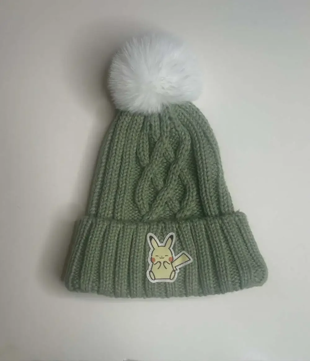 Youth Pokémon Pikachu Green & White Cable Knit Beanie With Pom Pom, NWOT